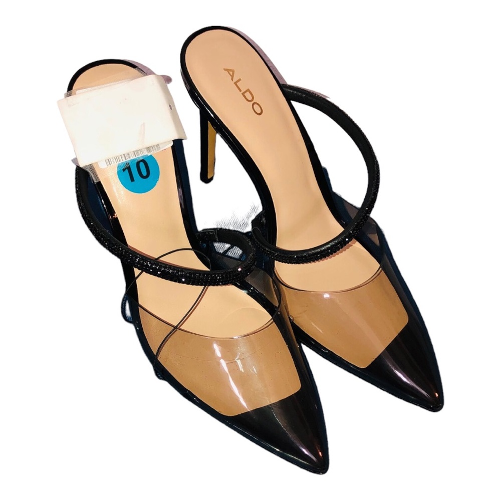 Aldo black clear vinyl acrylic crystal strap pointy toe stiletto mules size 10 - Picture 16 of 16